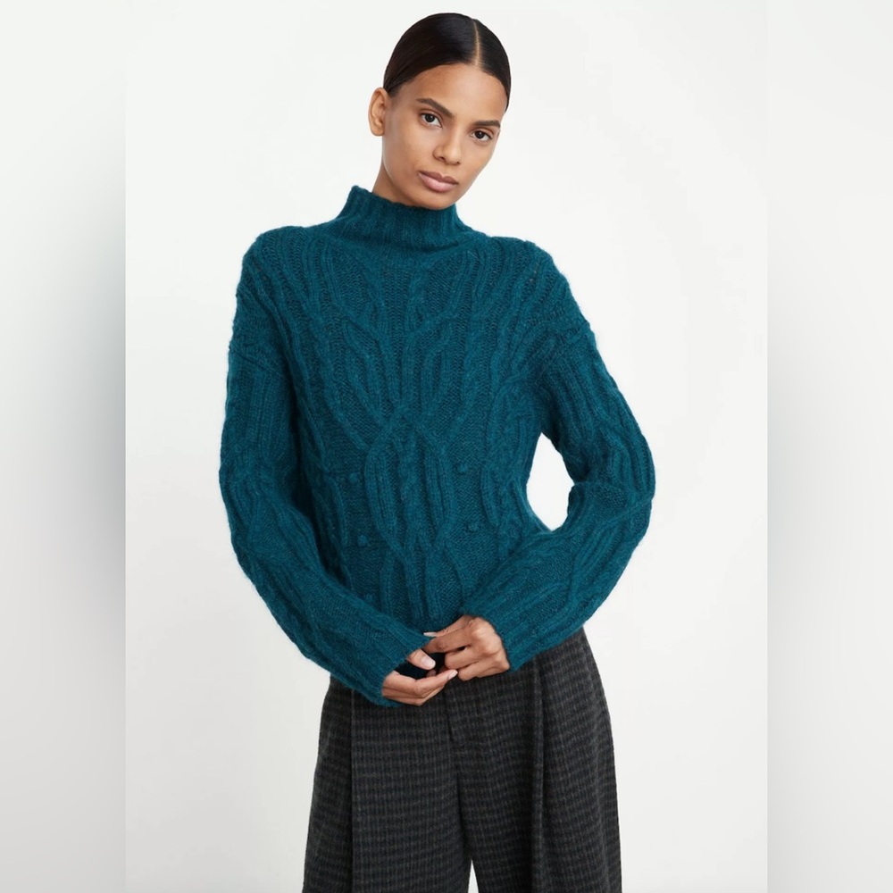 NWT $495 Vince Interlaced Cable Turtleneck Sweater- Dark Malachite